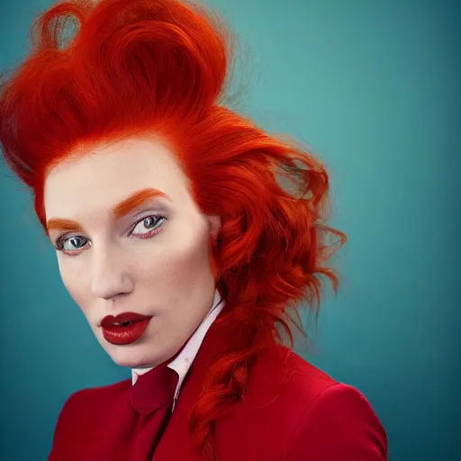 Image similar to a portrait of a beautiful red - haired woman in a turquoise three piece suit. hair light, backlit. medium format photography by annie liebowitz