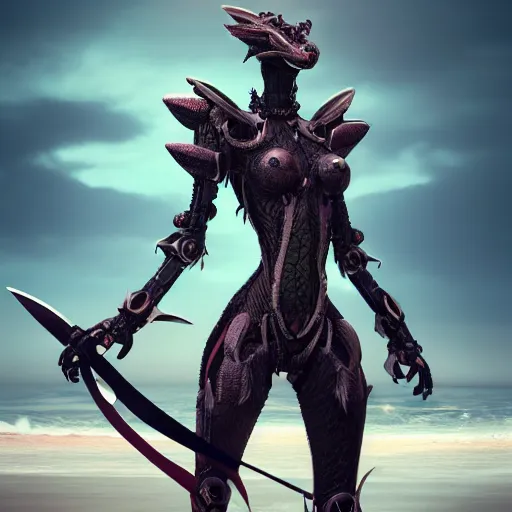 Image similar to a highly detailed beautiful anthropomorphic robot female dragon with smooth and streamlined armor, sharp and intimidating claws on her hands and feet, long tail with a blade on the end, doing an elegant pose on the beach, artstation, DeviantArt, professional, octane render