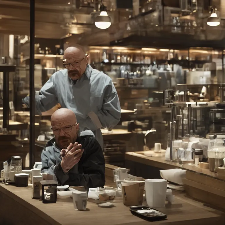 Image similar to Walter white in Starbucks, 8k, hyper-detailed, cinematic lighting, hyperrealistic, HD