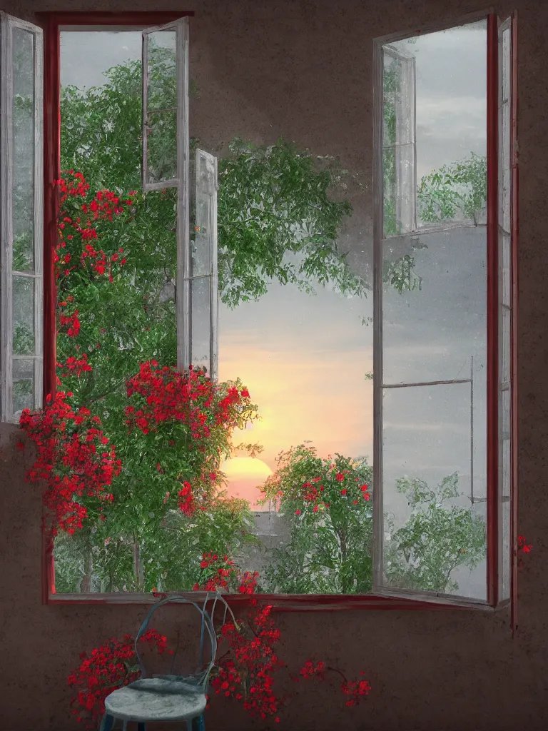 Image similar to a old house window with a vase of red flowers with view to a sunrise, blue wall, a wooden chair near the window, concept art, octane render, unreal engine 5, trending on deviantart, highly detailed, high quality, hd, digital painting, masterpiece, geometric, symmetrical, low contrast, beautiful, high coherence, natural lighting, intense lighting