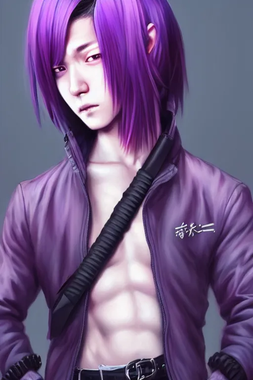 Image similar to gorgeous!!! hyper - realistic teenager boy with purple hair, purple eyes with red eye markets, slim body, wearing combat japanese clothes, holding a fan | drawn by wlop, drawn by jeehyung lee, drawn by artgerm | intricate, highly detailed, digital painting, character design, concept art, illustration, artstation