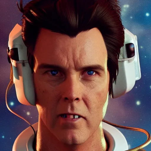 Image similar to hyperrealistic image of ace ventura pet detective astronaut, stunning 3 d render, inspired by istvan sandorfi & greg rutkowski & unreal engine, perfect symmetry, dim volumetric cinematic lighting, 8 k octane comprehensive render, extremely hyper - detailed, incredibly lifelike attributes, intricate, real flesh texture, masterpiece, artstation, stunning,