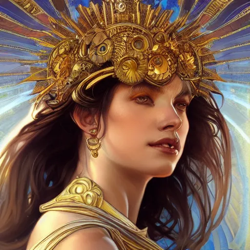 Image similar to portrait of the goddess of the sun, D&D, fantasy, intricate, elegant, highly detailed, digital painting, artstation, smooth, sharp focus, illustration, art by artgerm and greg rutkowski and alphonse mucha