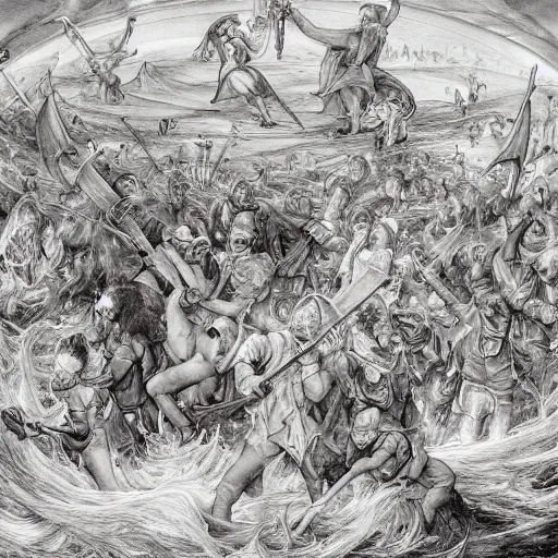 Image similar to disasterpiece holy levy taxation facticity disciples atonal estrangement, by Edgar Maxence and Ross Tran and Michael Whelan and J.M.W Turner and Brueghel metal intricate line drawings, terrible covenant, mixed techniques, detailed and detailed intricate faces, 4k resolution