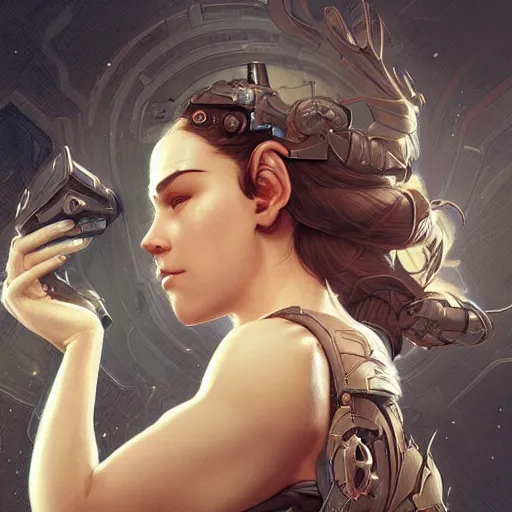 Prompt: side view of a cyborg woman, D&D, fantasy, intricate, elegant, highly detailed, digital painting, artstation, concept art, matte, sharp focus, illustration, hearthstone, art by Artgerm and Greg Rutkowski and Alphonse Mucha