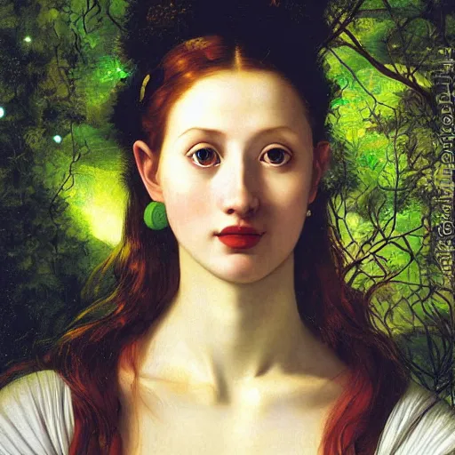 Image similar to portrait of happy a young woman, among the lights of golden fireflies and nature, long loose red hair, intricate details, bright green eyes, freckles on the nose, round gentle face, romantic dress, deep focus, sharp, golden ratio, hyper realistic digital art by artemisia lomi gentileschi and caravaggio