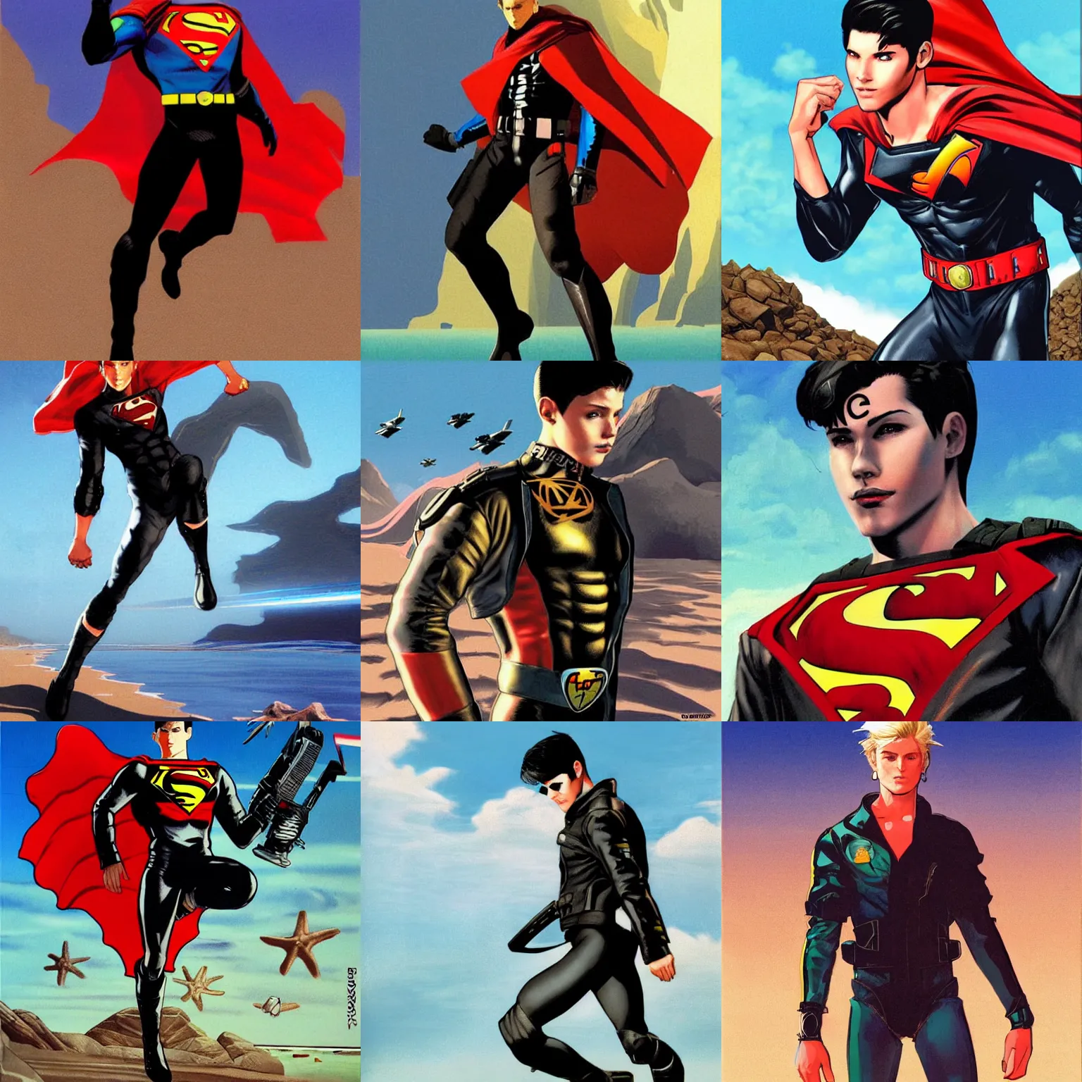 Prompt: 1990's superboy flying above a beach, full body shot, fade hair, black boots, leather jacket, style digital painting, concept art, smooth, sharp focus, illustration, from Metal Gear, by Alex Ross