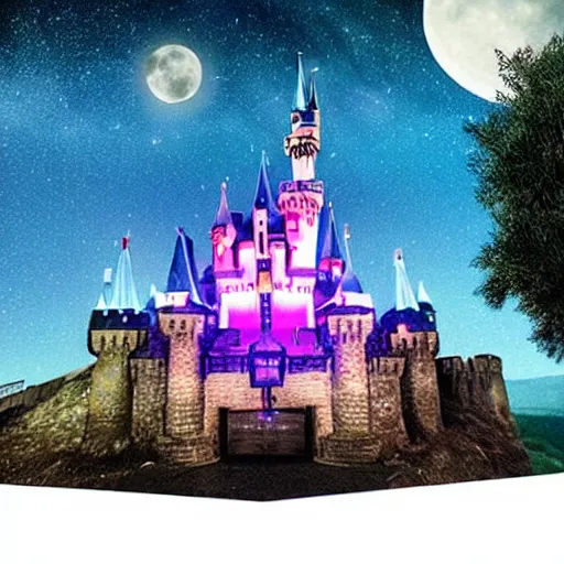 Prompt: realistic photo : a glowing sleeping beauty castle on a countryside at night under the stars, a full moon, and clouds