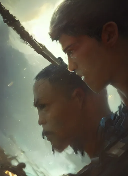 Prompt: side profile of a filipino fighter holding a scepter next to a tank, fantasy, digital painting, volumetric light, intricate, sharp, focus, bloom, illustration, highly detailed, concept art, matte, ruan jia and greg rutkowski, masterpiece