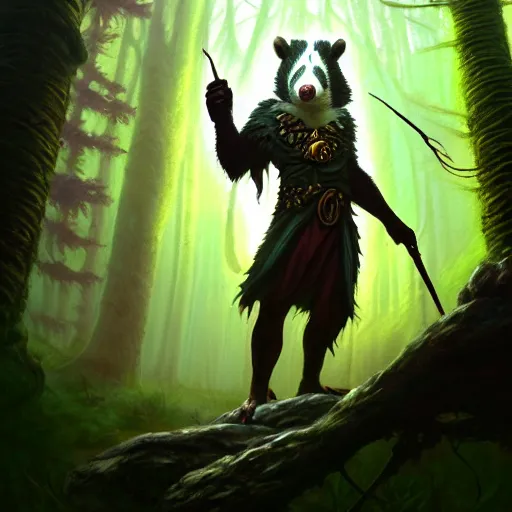 Prompt: Badger nature mage, forest, magic the gathering artwork, D&D, fantasy, cinematic lighting, centered, symmetrical, highly detailed, digital painting, artstation, concept art, smooth, sharp focus, illustration, volumetric lighting, epic Composition, 8k, art by Akihiko Yoshida and Greg Rutkowski and Craig Mullins, oil painting, cgsociety