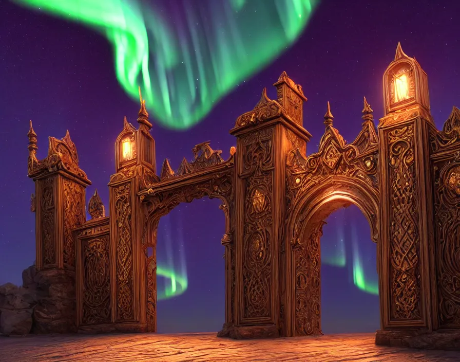 Image similar to a very detailed concept art of intricate and well designed magical gates infused with aurora borealis, dynamic lighting, trending on artstation, path traced, highly detailed, high quality, digital art, 4 k, hyper realistic, octane render, sharp focus