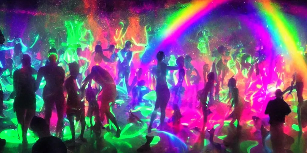 Image similar to love, groups of people with glowing blacklight bodies, from behind, rebirth, beauty, wide angle, elaborate, wet, highly detailed, smoke, steam, rainbow lasers, reflections, vivid colors, beautiful lighting