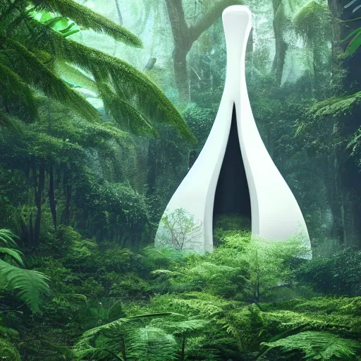 Image similar to futuristic white spaceship in a dense alien rainforest, HD, high def