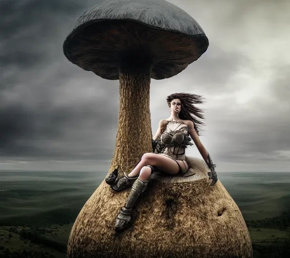 Prompt: a portrait of an armored female warrior sitting on the edge of a giant mushroom that covers a whole town and reaches above the clouds by luis royo. intricate. lifelike. soft light. sony a 7 r iv 5 5 mm. cinematic post - processing