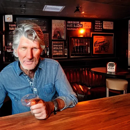 Image similar to roger waters drinks jack daniels whiskey in a old 8 0 s chicago bar, realistic, hdr, clear image, hdd, dynamic lighting,