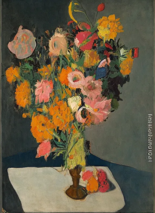 Image similar to a surreal painting of a breakfast still life, vase of flowers, by George Baselitz, symbolist, soft colors, dramatic lighting, smooth, sharp focus, extremely detailed, textured, aesthetically pleasing composition