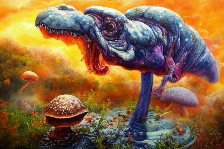 Image similar to highly detailed oil painting of a mushroom tyrannosaurus rex in a steaming colorful hotspring, featured on artstation