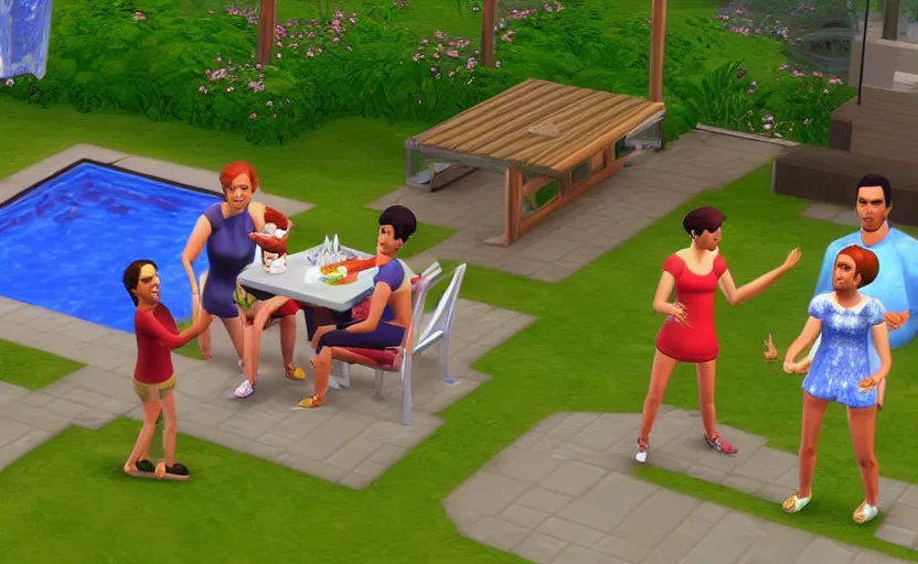 Image similar to little ai copies of a families playing out the motions of a dinner, the sims 1 graphics