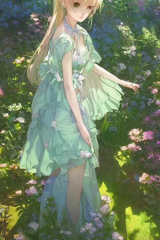 Image similar to a depressed digital art, loli in dress, garden, green and warm theme, blue accents, back lighting, highly detailed, 4 k resolution, trending on art station, by krenz cushart and mucha and akihito yoshida and greg rutkowski