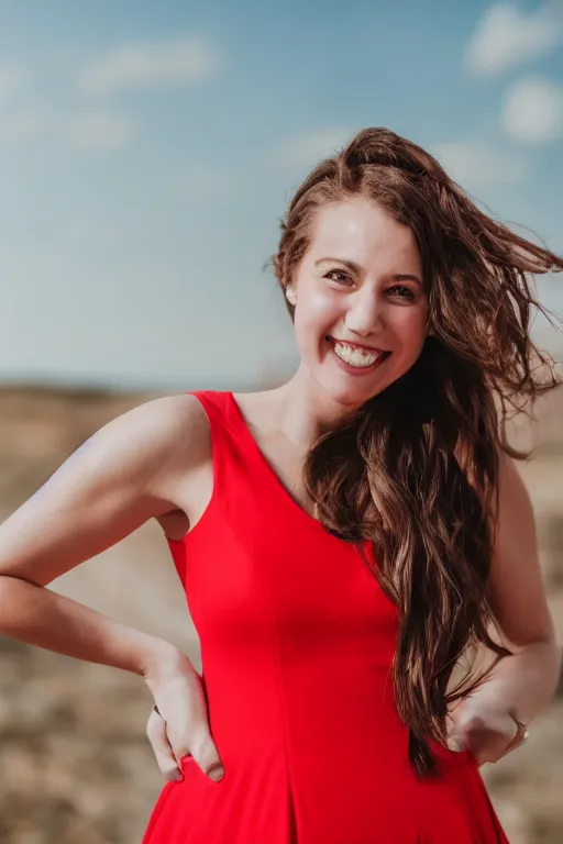 Prompt: photo portrait of a smiling pretty woman in a red sleeveless dress, out of focus, blurry