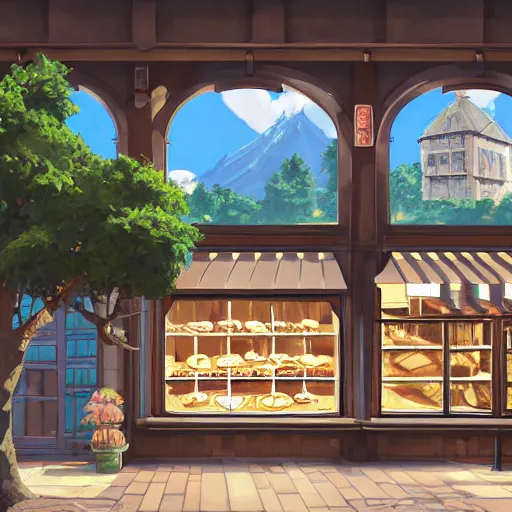 Prompt: concept art painting of a historic bakery with european and japanese architecture, window with baked goods, in a woodland village surrounded by trees and mountains, realistic, detailed, cel shaded, in the style of makoto shinkai and greg rutkowski and james gurney