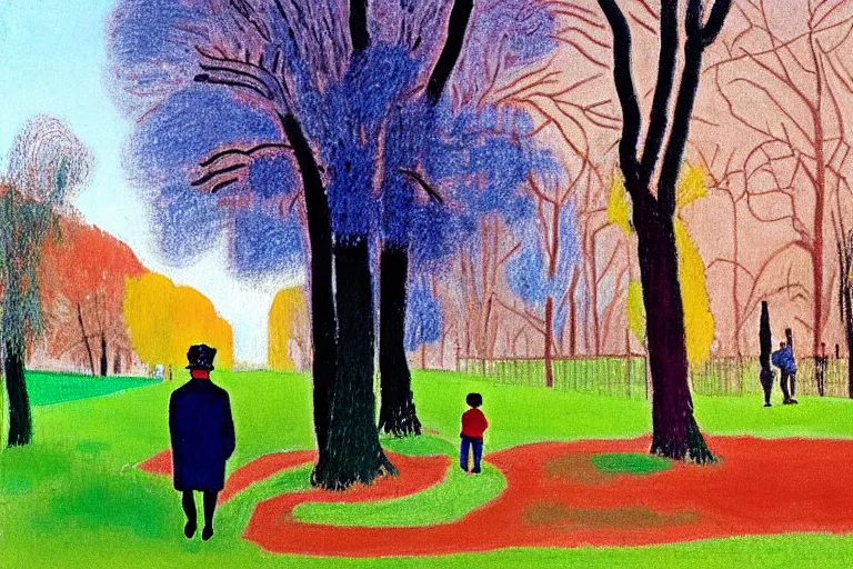 Image similar to a very tall man named John with dark hair holding the hands of a short young boy named Alex with dark hair as they walk in a park on a bright beautiful colorful winter day. part in the style of an edgar degas painting. part in the style of david hockney