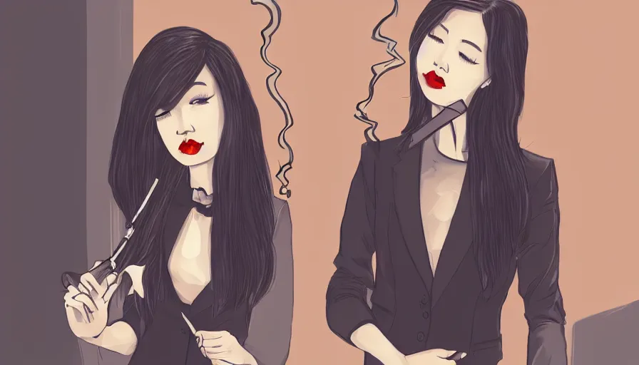 Image similar to a beautiful woman smoking, wearing a suit, street at night, asian, long black hair, illustration, wolp style