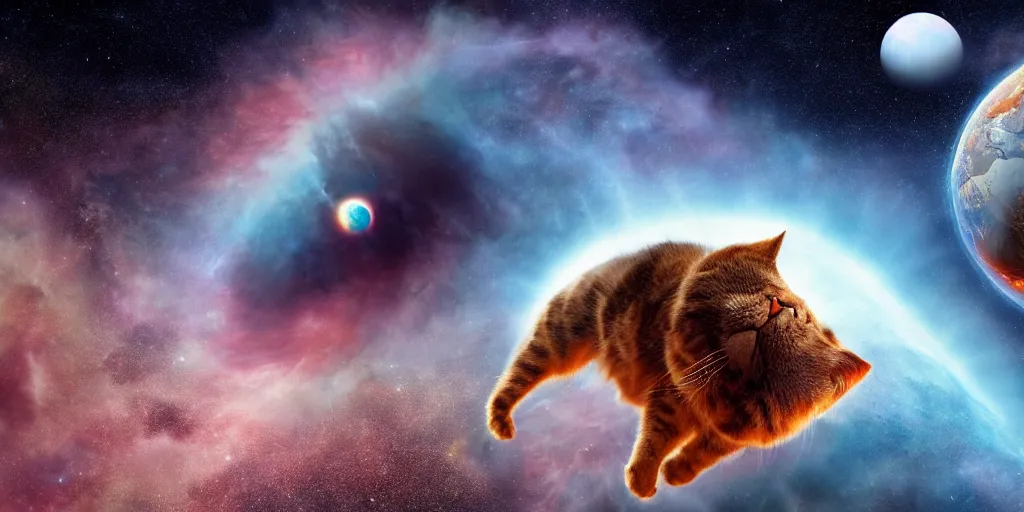 Image similar to a giant cat eating the earth planet, scifi, artstation, cosmos exploration, realistic photo, 4 k, photo by nasa, hubble telescope, cosmos