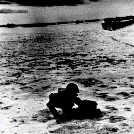 Prompt: Elmo storming the beach of Normandy in 1944, D-Day, black and white photo, grainy