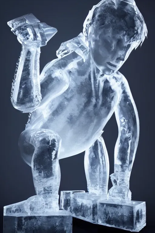Image similar to ice sculpture of squatting man in tracksuit, shiny, ultra realistic render, 4k, volumetric lighting, highly detailed, studio lighting, octane render, glowng, ray tracing, cold mist, bokeh