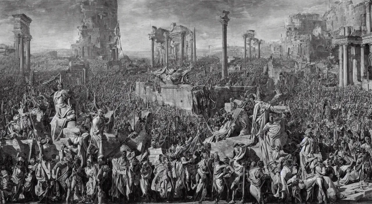 Prompt: Julius Caesar speech to a perfect organized militar parade in front of the Roma’s colliseum at the kingdom of Julius Caesar, roman historic works in brand new condition, not ruins, hyper-detailed, artstation trending, world renowned artists, historic artworks society, antique renewel, good contrast, realistic color ,cgsociety, by greg rutkowski,gustave dore, Deviantart
