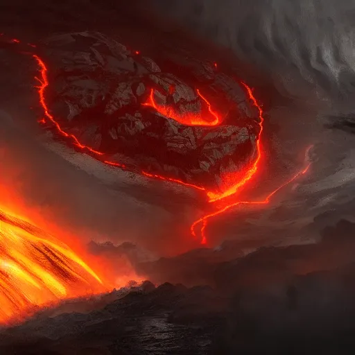 Image similar to cataclysm with a huge storm and rivers of lava, fantasy, concept art, artstation, hd 4 k