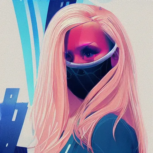 Prompt: Beautiful cyberpunk girl with blond hair wearing a mask profile picture by Mandelbrot, Benoit B., asymmetrical, Organic Painting , Matte Painting, geometric shapes, hard edges, street art, symmetric face, symmetric azure eyes, trending on the artstation:2 by Sachin Teng:4