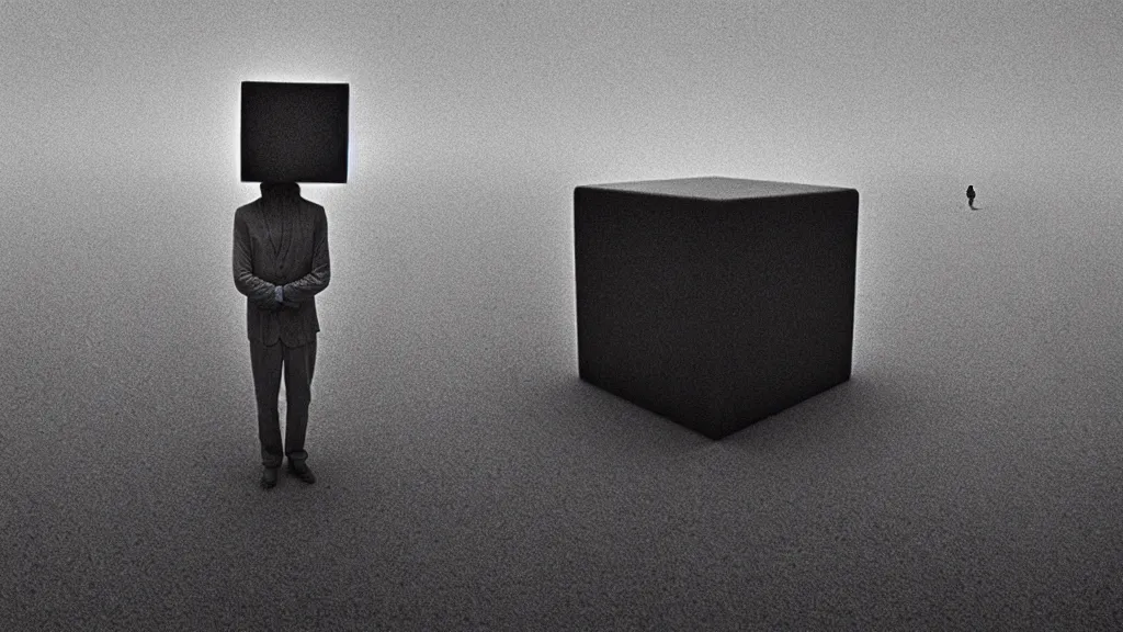 Image similar to cube man, film still from the movie directed by denis villeneuve and david cronenberg with art direction by salvador dali and zdzisław beksinski, wide lens