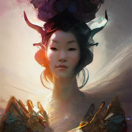 Image similar to goddess emperess mulan in the style of craig mullins, greg rutkowski, peter mohrbacher, and drew struzan. epic, majestic, awe inspiring, god rays, fissures, divine, church painting, intricate armor, extreme detail, high octane, cartoonish