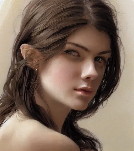 Image similar to portrait of a young woman, regal, soft features, muscular, half body, cloth, hazel eyes, short brown hair, thick eyebrows, back light, d & d, fantasy, intricate, highly detailed, digital painting, artstation, concept art, smooth, sharp focus, illustration, art by artgerm and greg rutkowski and alphonse mucha