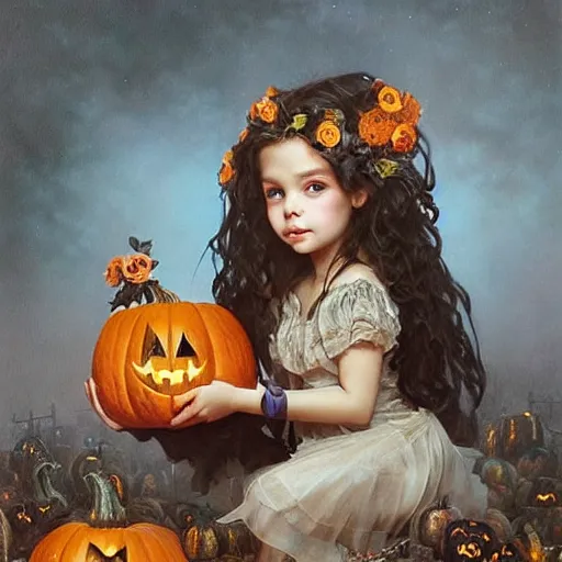 Image similar to a cute happy little girl with light brown wavy curly hair and blue eyes sitting amidst piles of halloween decor skulls and pumpkins. beautiful cute highly detailed face. spooky halloween themed painting by artgerm and greg rutkowski and alphonse mucha.