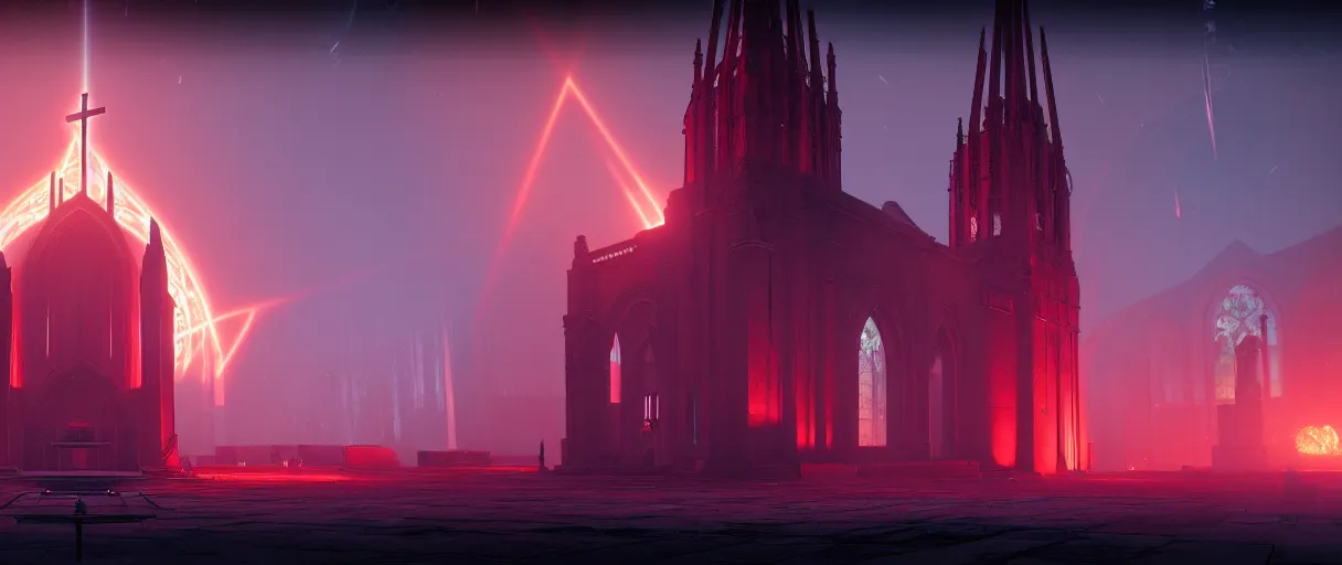 Prompt: symmetrical, centered, ancient church of worship with red shafts of light in destiny 2, foggy, liminal, dark, dystopian, beautiful architecture, abandoned, highly detailed 4 k 6 0 fps destiny 2 promotional poster image wallpaper, official image bungie website