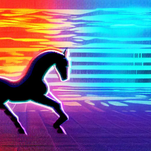 Prompt: !dream A synthwave horse inspired by Tron. Trending on Artstation. Digital screenshot. Faded film grain. 1980s Computer Graphics.