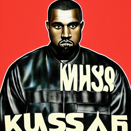 Image similar to Russian Propaganda Soviet illustrated poster of Kanye West as President standing in front of a USA America flag