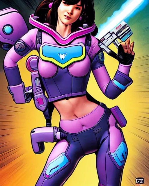 Image similar to d. va from overwatch, comic book cover, in the style of richard corben, ryan ottley, dave gibbons, todd mcfarlane, bernie wrightson