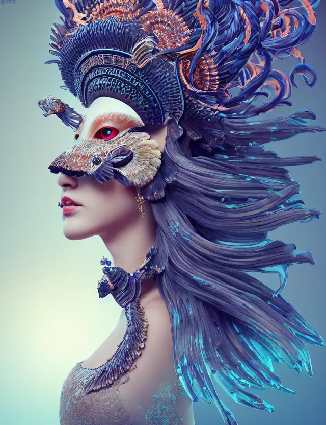 Image similar to 3 d goddess close - up profile portrait with crown, ram skull. beautiful intricately detailed japanese crow kitsune mask and clasical japanese kimono. betta fish, jellyfish phoenix, bio luminescent, plasma, ice, water, wind, creature, artwork by tooth wu and wlop and beeple and greg rutkowski