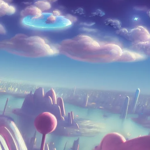 Image similar to pastel, baroque utopian cityscape in the sky, sci-fi, dreamlike, surreal, angels, soft lights, cinematic, 8k, by Ghibli,