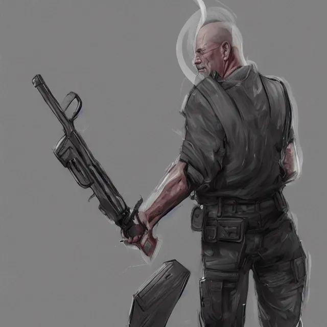 Prompt: bank rubbery where is my money, blackmail, gun to head,, upper body, blockbuster, killer, extremely detailed digital painting trending artstation concept art sharp focus illustration art, bruce willis