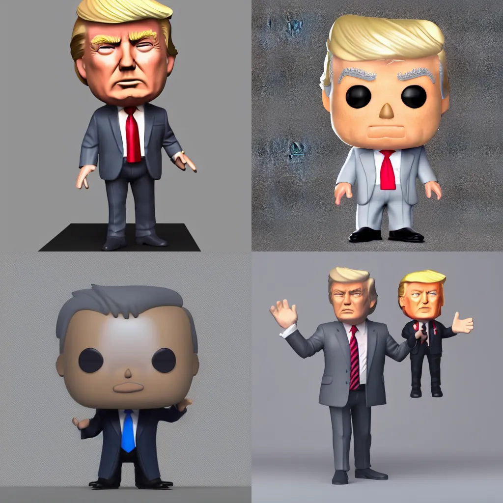 Prompt: full body 3d render of donald trump as a funko pop, studio lighting, grey background, single person, no shadow, blender, trending on artstation, 8k, highly detailed
