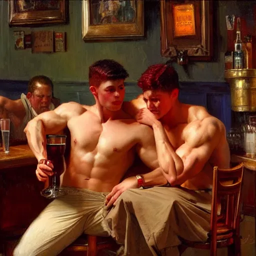 Image similar to attractive muscular male with red hair and muscular attractive male with black hair, drinking their hearts out, in a pub. very defined and highly detailed painting by j. c. leyendecker, gaston bussiere, craig mullins 8 k