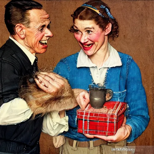 Prompt: two happy people exchanging items, in the style of norman rockwell painting