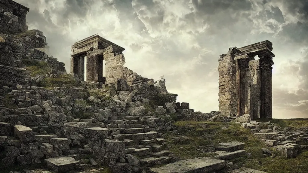 Prompt: surreal ancient ruins with a stairway to heaven, photography by michal karcz and zhang kechun