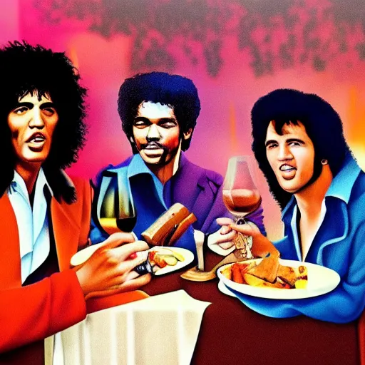 Prompt: fancy dinner in heaven, including elvis, jimi hendrix, and jim morrison, eating and drinking wine, ultra realistic, highly detailed, 4 k