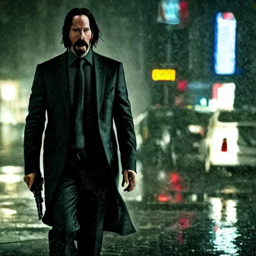 Image similar to keanu reeves as john wick, cyberpunk, walking the streets of night city in the rain, highly detailed, intricate, photorealistic, cinematic lighting